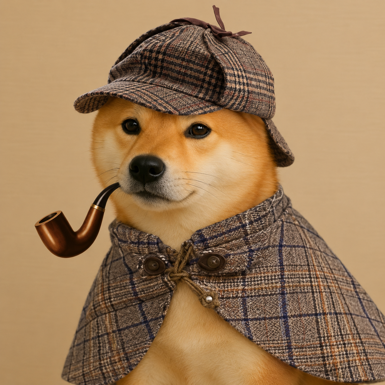 PIPESHIBA wearing a detective cap and cape, holding a wooden pipe